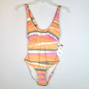 pRana Womens Mallorca One Piece Swimsuit Size XS Orange Striped Adjustable Beach